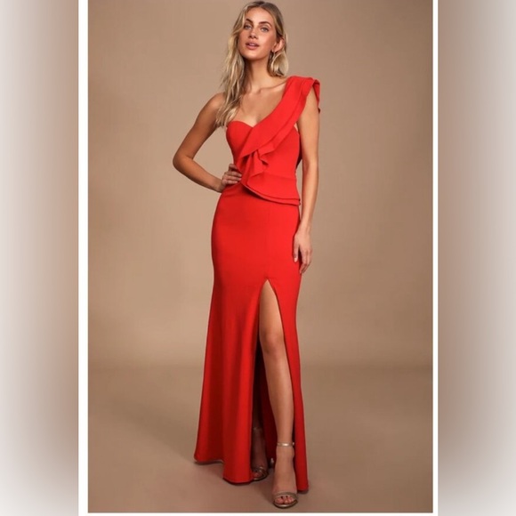 Lulus Dresses & Skirts - Lulu's Red Kiss Me Again Formal Maxi Gown with Asymmetric Ruffles & Slit